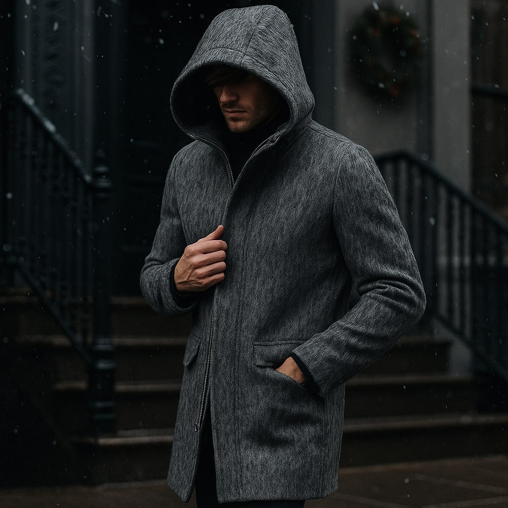 Raffy Men’s Wool Coat – Brushed Wool Tailored Fit Hooded Long Coat
