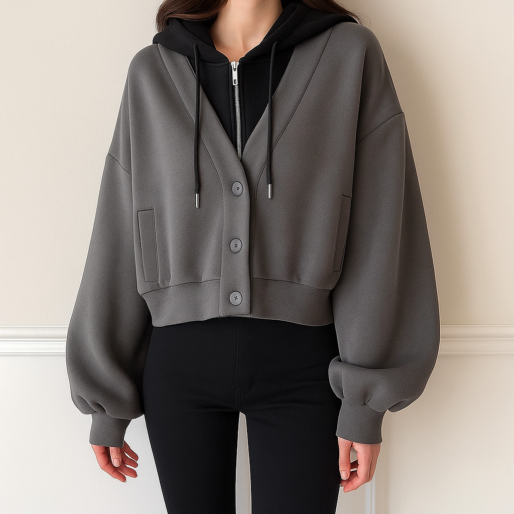Claire Women’s Cardigan – Cropped Hoodie Cardigan with Lantern Sleeves