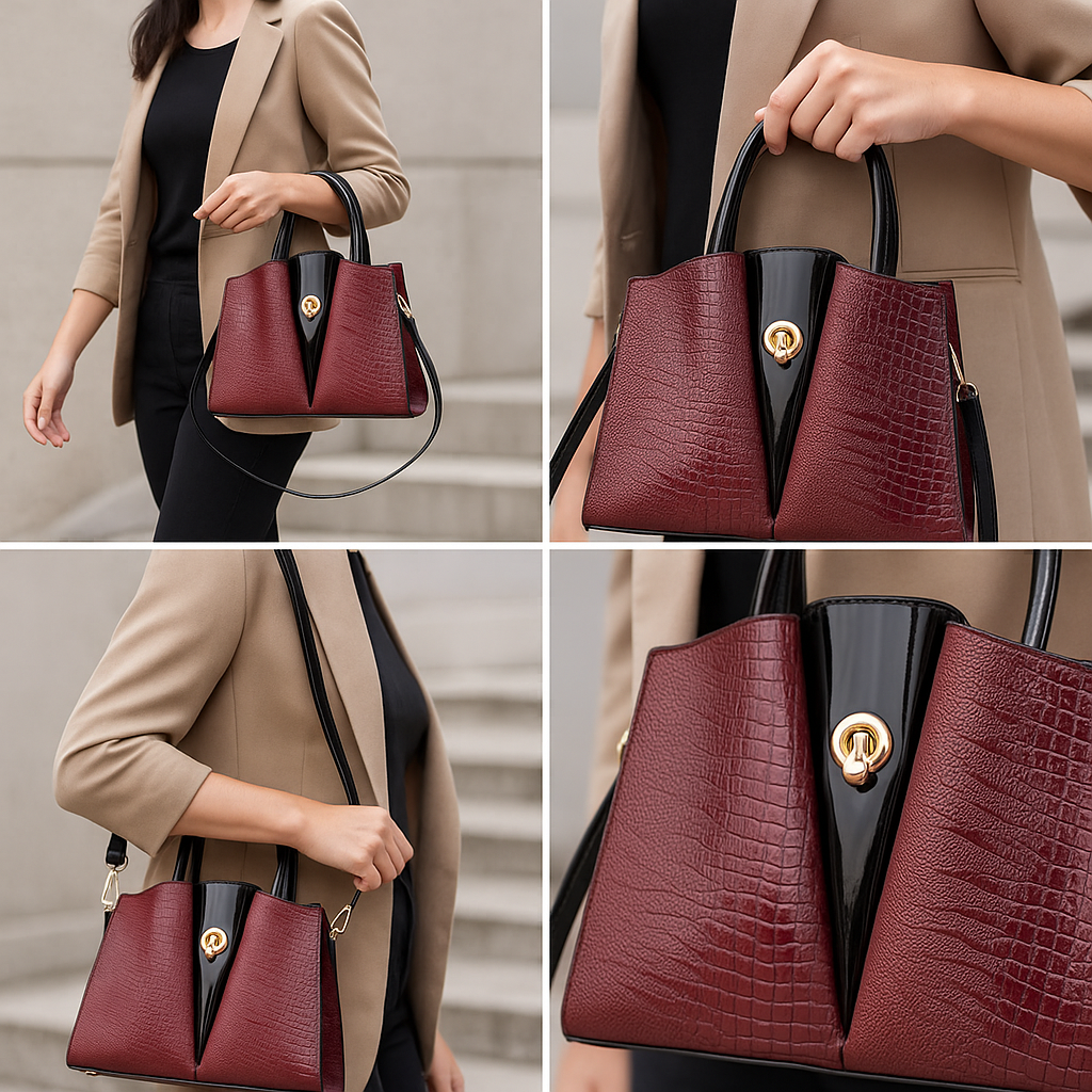 Valencia Women’s Handbag – Croc-Embossed Structured Leather Bag with Twist-Lock