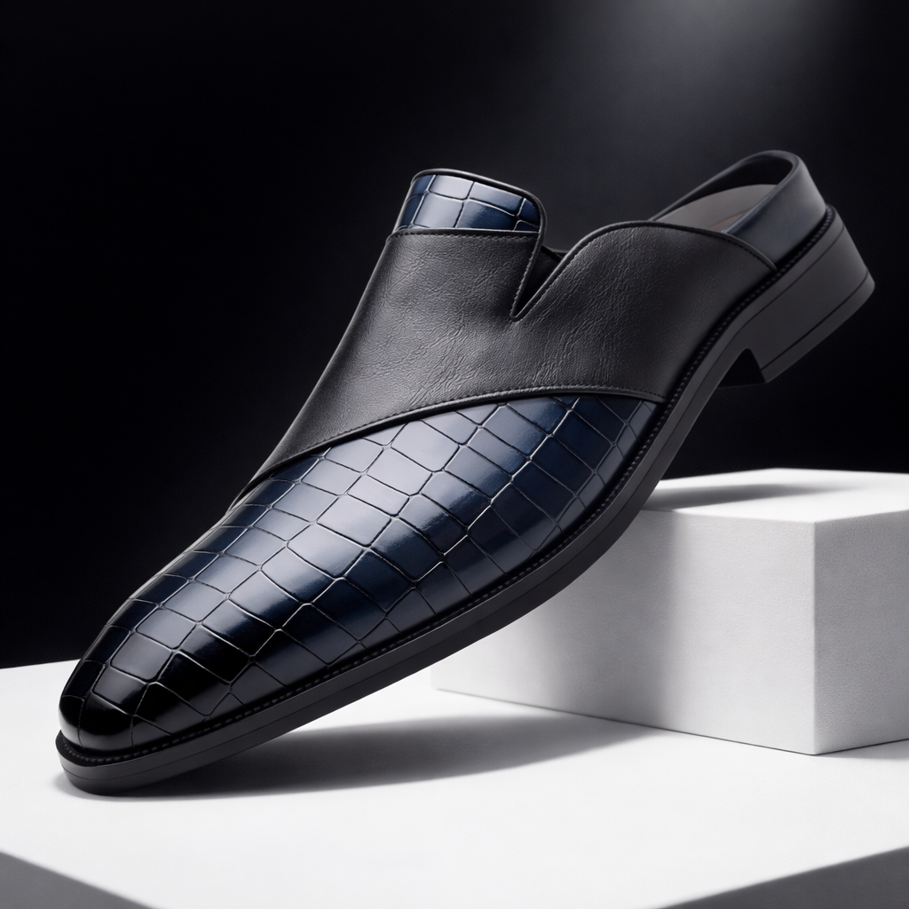 Fabrizio Men’s Leather Mules – Croc-Embossed Slip-On Shoes