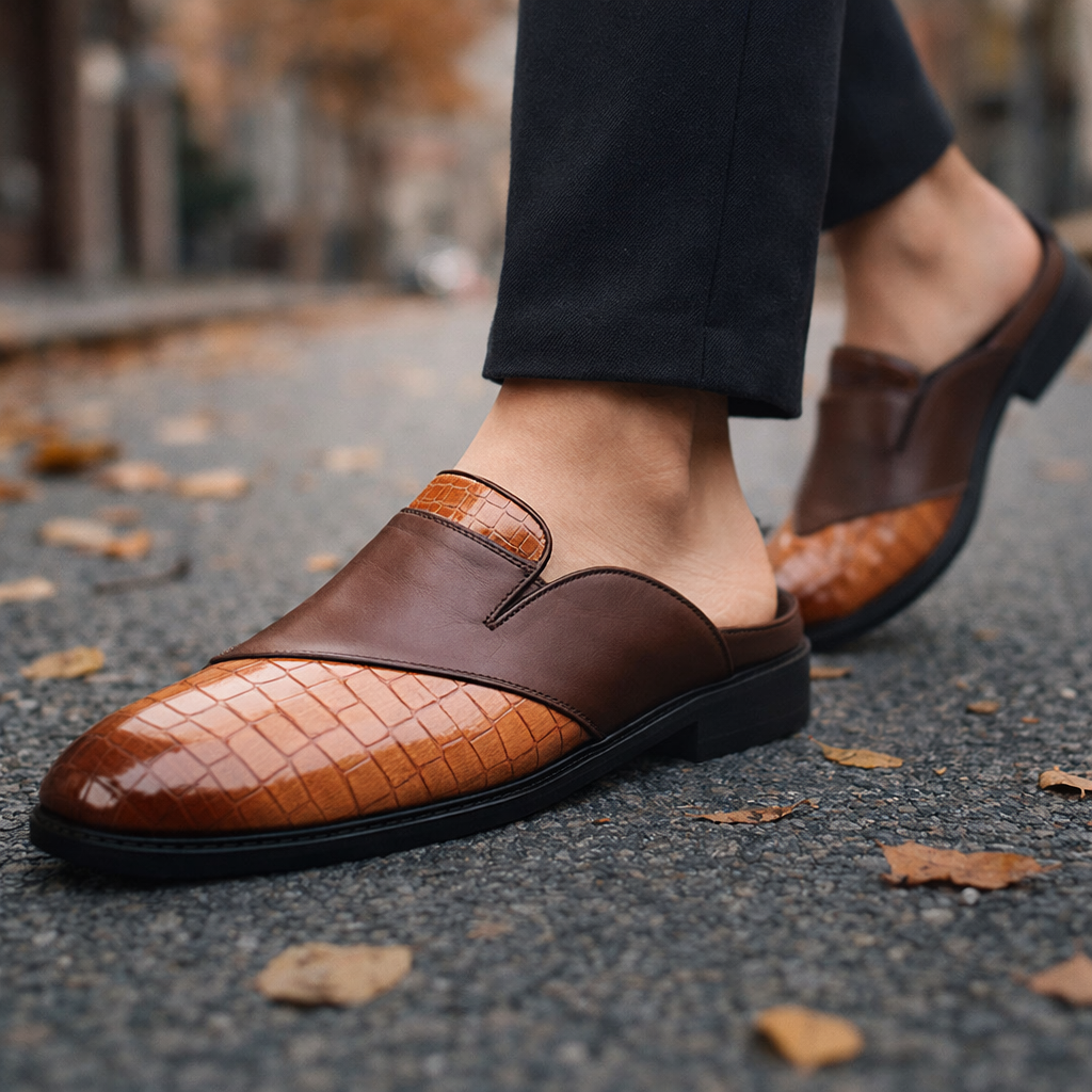 Fabrizio Men’s Leather Mules – Croc-Embossed Slip-On Shoes