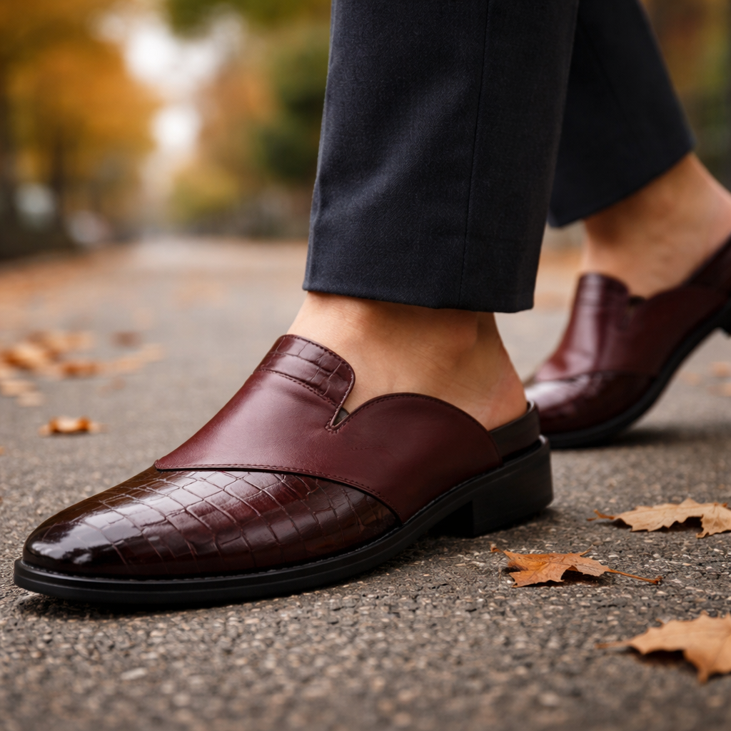Fabrizio Men’s Leather Mules – Croc-Embossed Slip-On Shoes