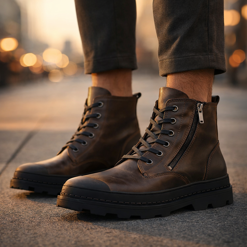 Julbert Men’s Leather Boots – Rugged Lug Sole and Side Zip