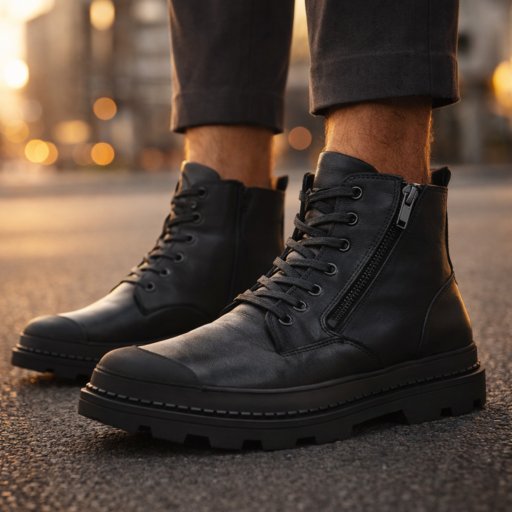 Julbert Men’s Leather Boots – Rugged Lug Sole and Side Zip