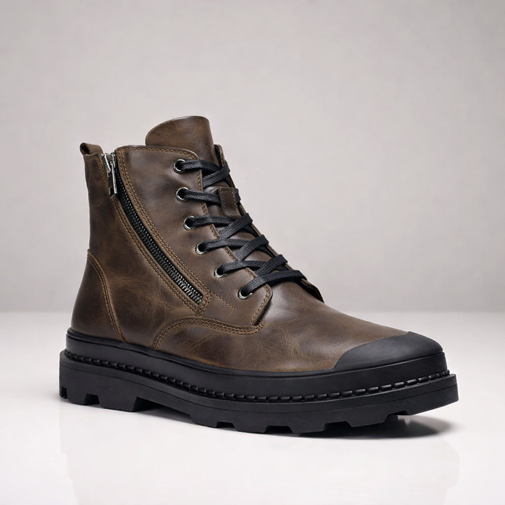Julbert Men’s Leather Boots – Rugged Lug Sole and Side Zip