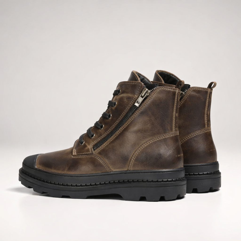 Julbert Men’s Leather Boots – Rugged Lug Sole and Side Zip