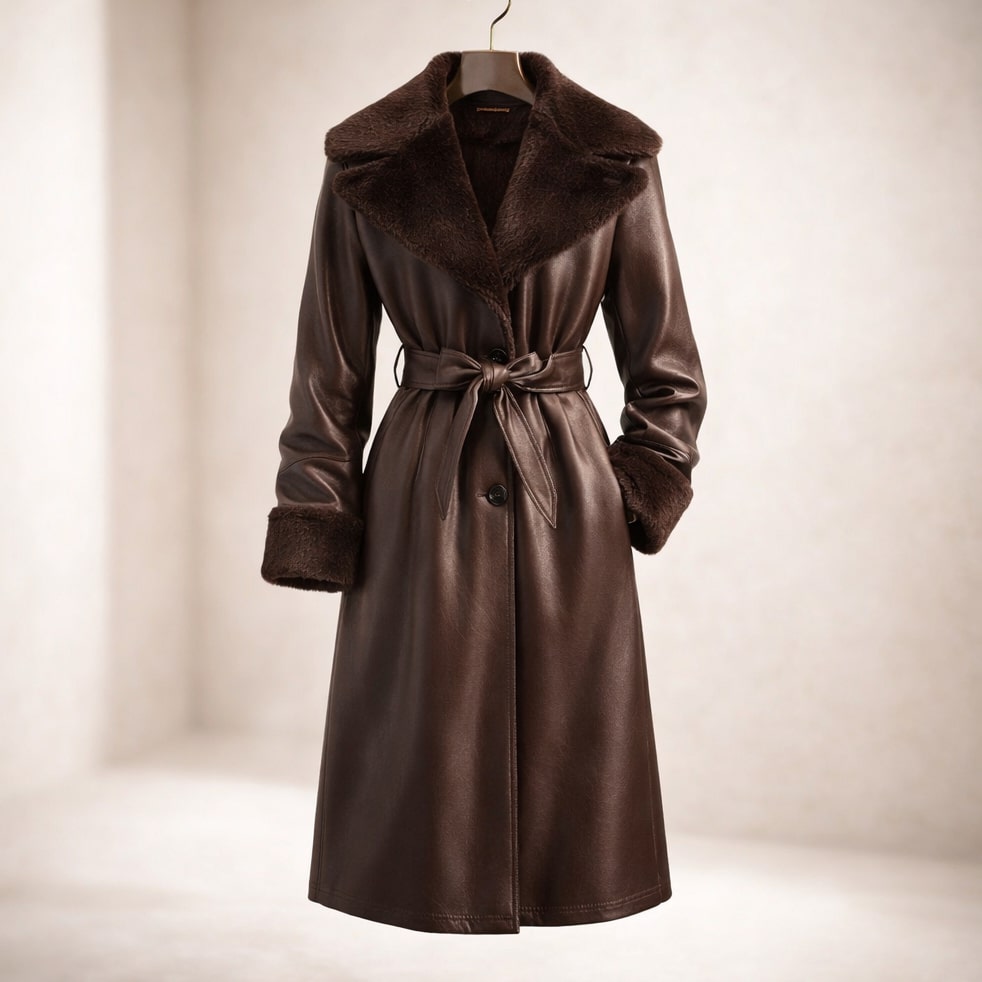 Amber Women’s Leather Trench Coat with Fur Trim