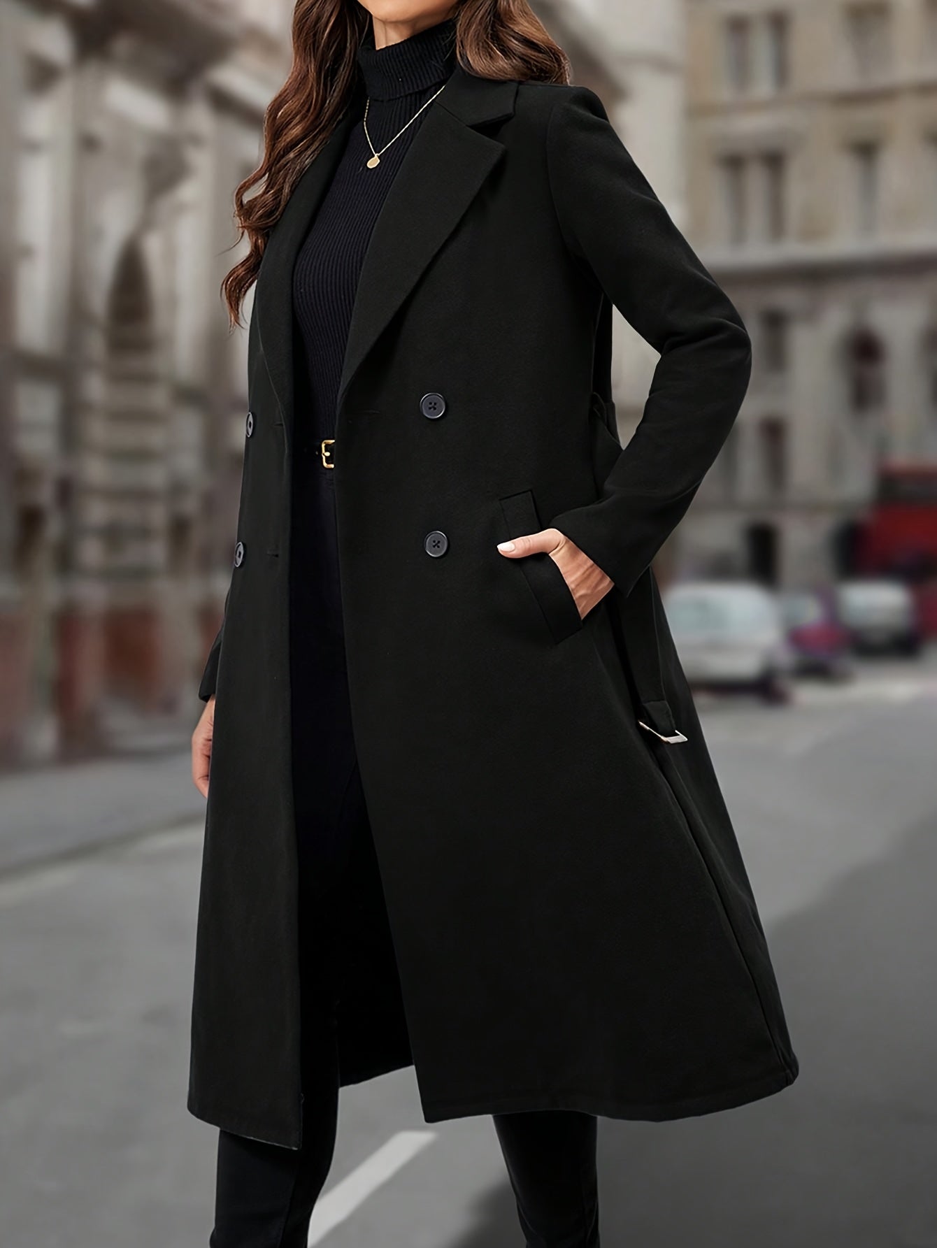 Romina Women’s Long Coat – Double-Breasted with Belted Waist Winter Coat