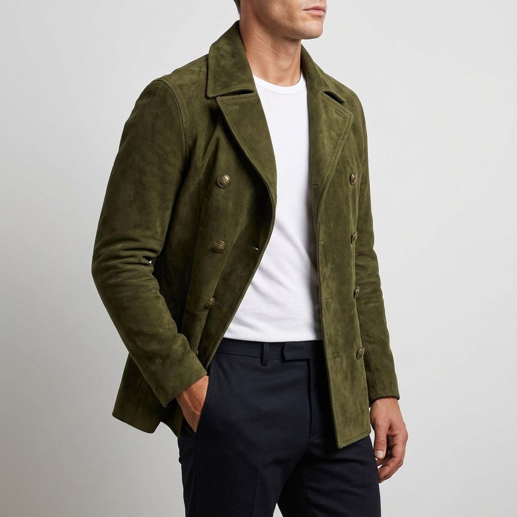 Roderick Men’s Pea Coat – Tailored Suede Jacket