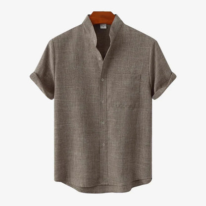 Leonard Men’s Linen Shirt – Collarless Short Sleeve Button-Up for Summer