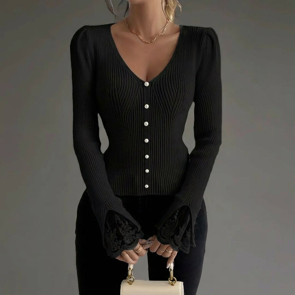 Vicky Women’s Sweater – V-Neck Lace Sleeve Detail Pullover