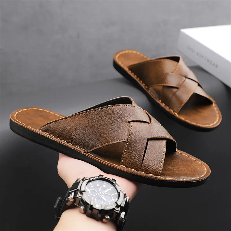 Froilan Full-Grain Leather Cross Strap Sandals – Cushioned Comfort Slides