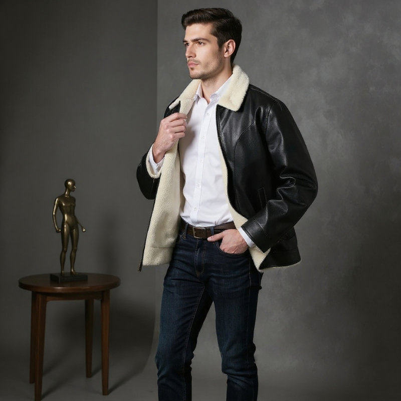 Roldan Men’s Bomber Jacket – Faux Leather with Fleece Lining