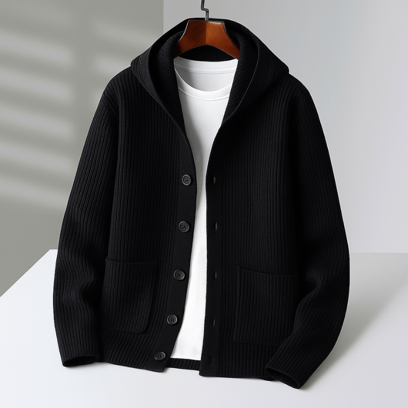Renz Men’s Hooded Cardigan – Wool Blend Button-Up Knit Cardigan