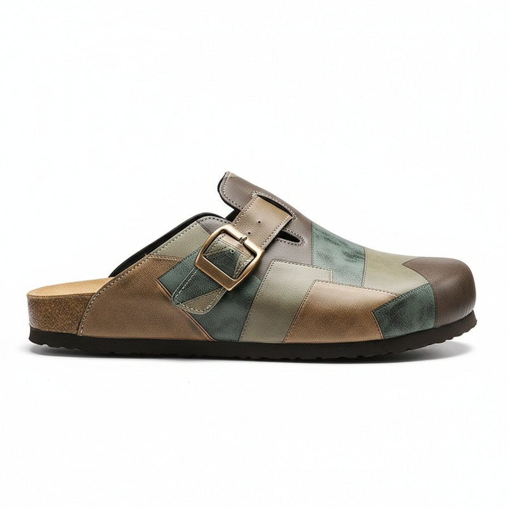 Gareth Genuine Leather Patchwork Buckled Clogs – Casual Slip-On Sandal