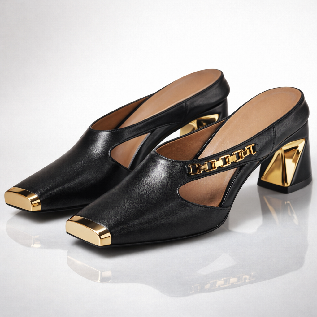 Eugene Women’s Mule Heels – Sculpted Gold Detail