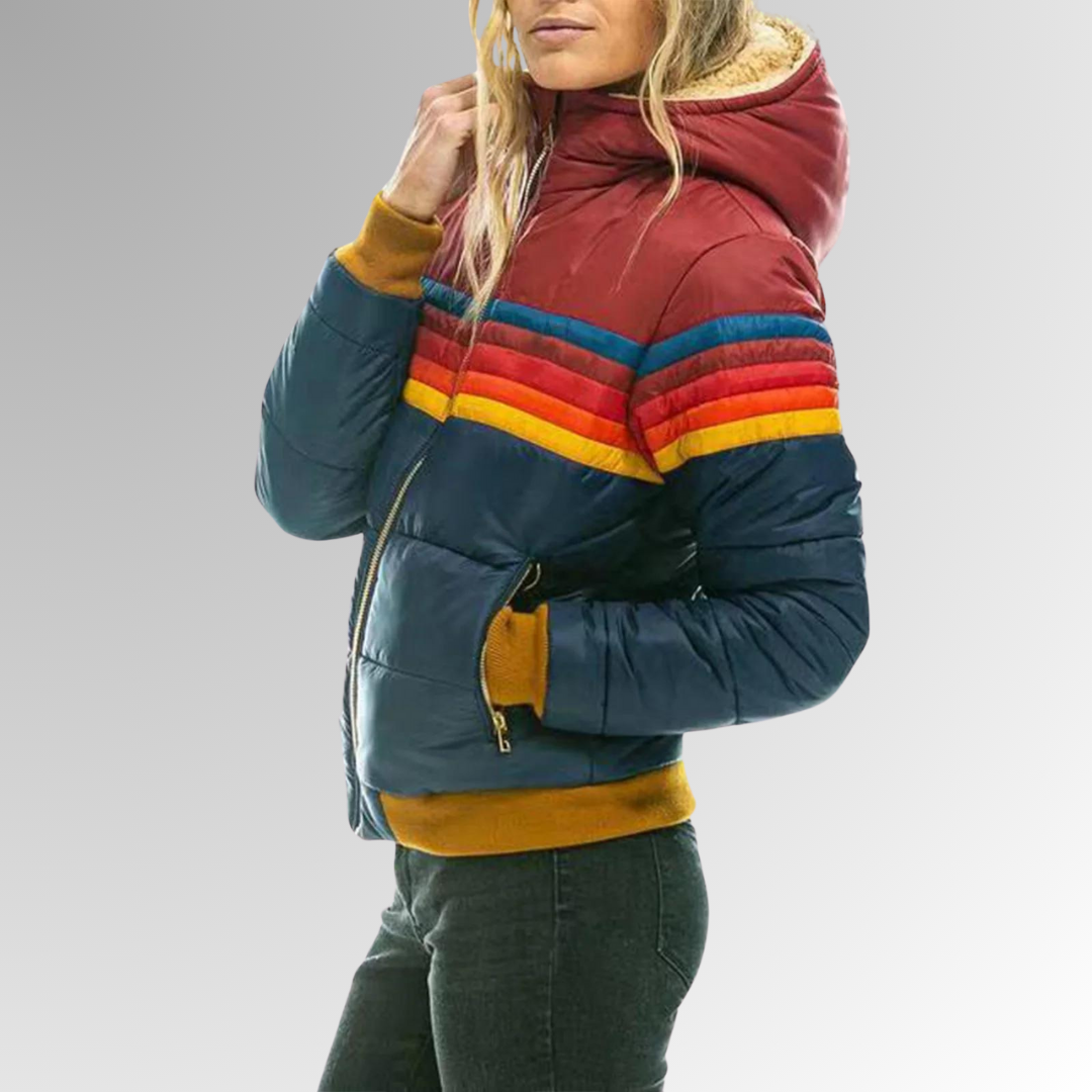 Lana Knit Zip-Up Jacket – Women’s Hooded Jacket with Retro Rainbow Stripe