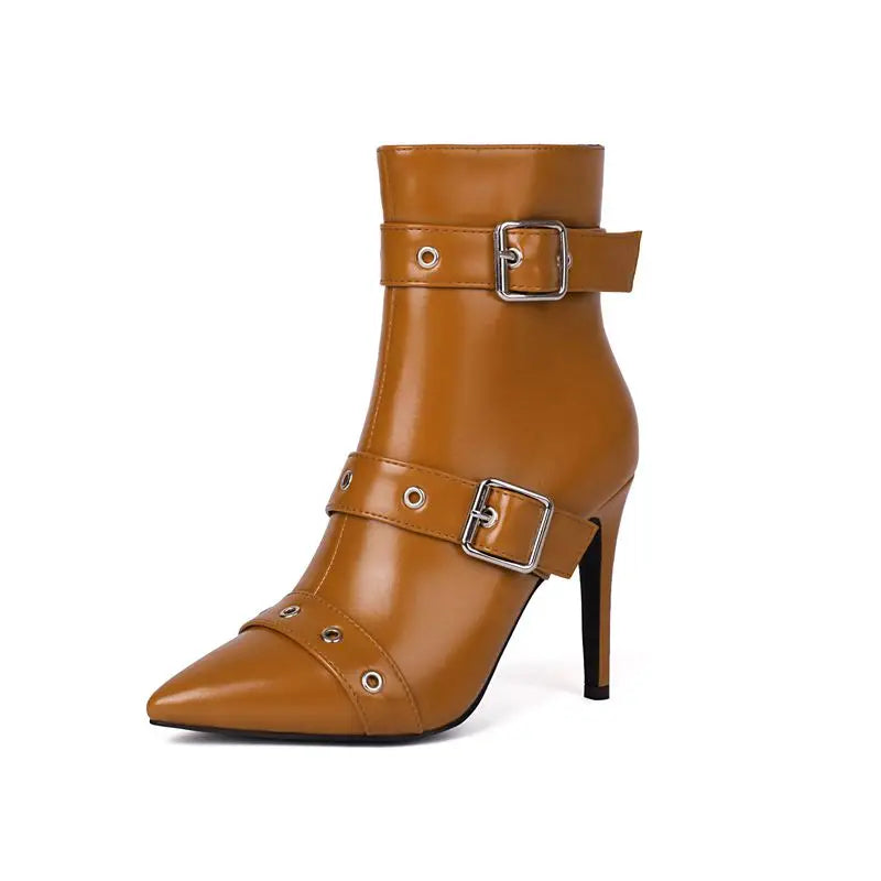 Anne Women's Stiletto Buckle Boots – High-Shine Vegan Leather & Adjustable Straps