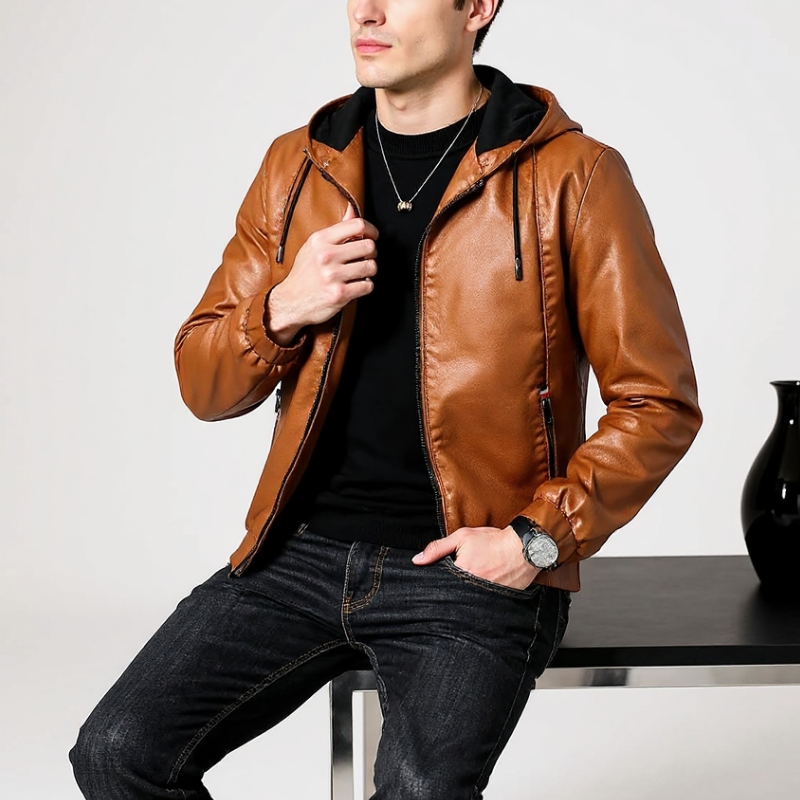 Rodrigo Men’s Leather Jacket – Hooded Zip-Up Casual Jacket