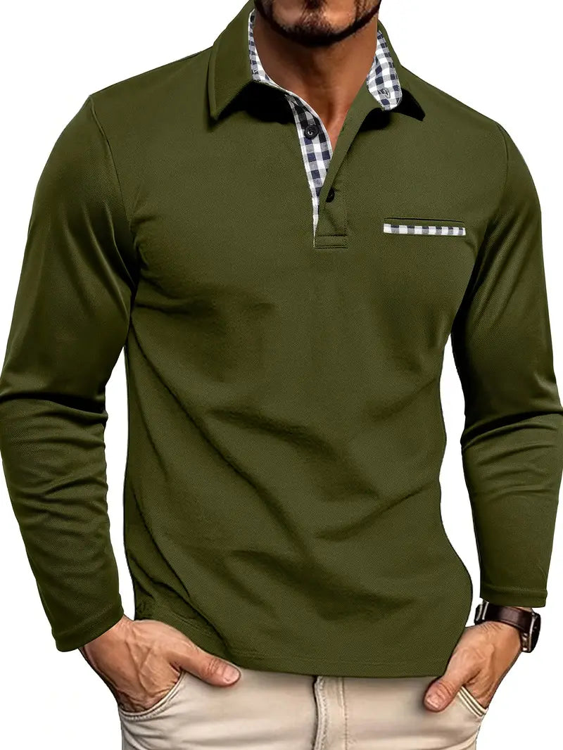 Ricardo Men’s Long Sleeve Polo – Slim Fit with Checked Accents