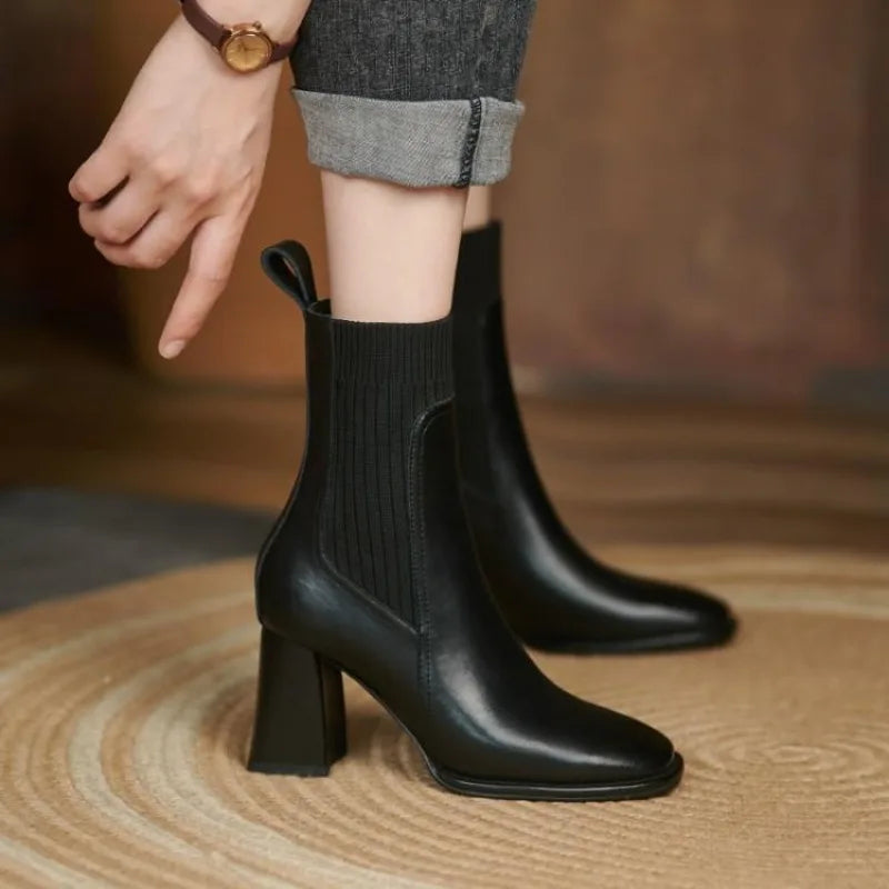 Corazon Women’s Ankle Boots – Leather Square-Toe Boots with Stretch Knit Shaft