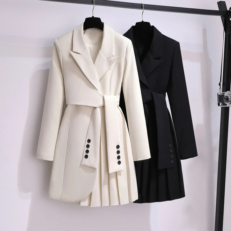 Mirae Women’s Long Coat – Tailored Belted Dress Pleated Skirt