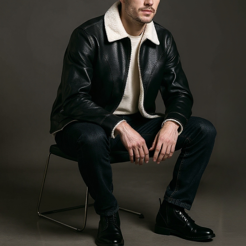 Roldan Men’s Bomber Jacket – Faux Leather with Fleece Lining