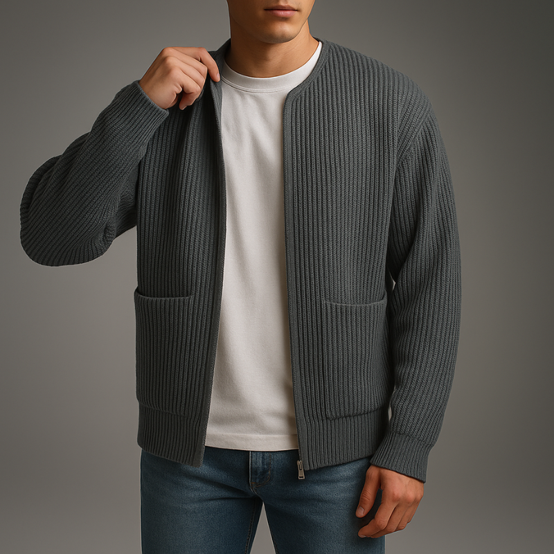 Brion Men’s Knit Zip Cardigan – Textured Knit Cardigan with Front Pockets