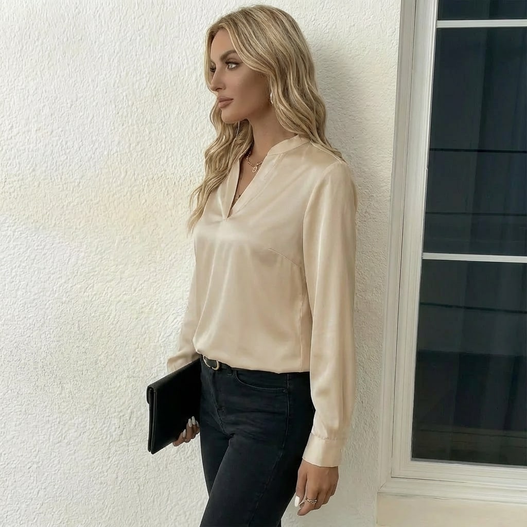 Cindy Women’s Blouse – Smooth Satin V-Neck Blouse