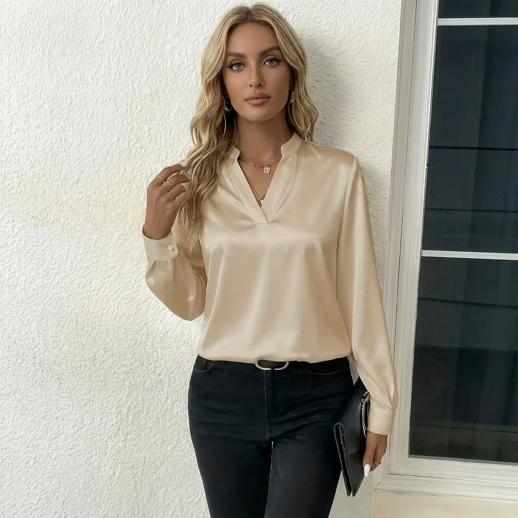 Cindy Women’s Blouse – Smooth Satin V-Neck Blouse