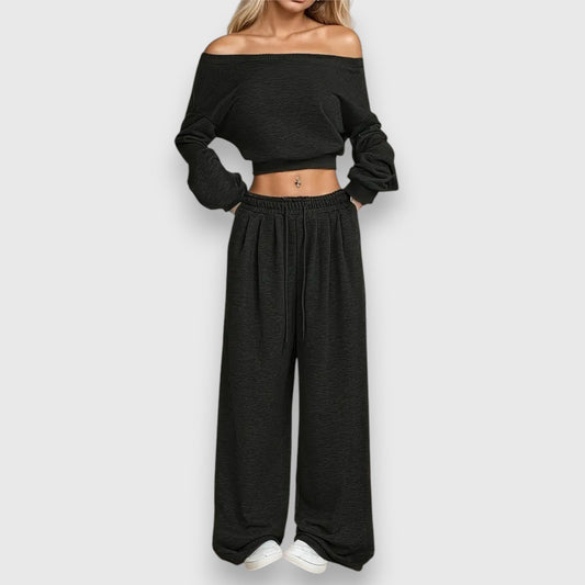 Natalie Women’s Off Shoulder Co-Ord Set – Cropped Top & Wide-Leg Pants