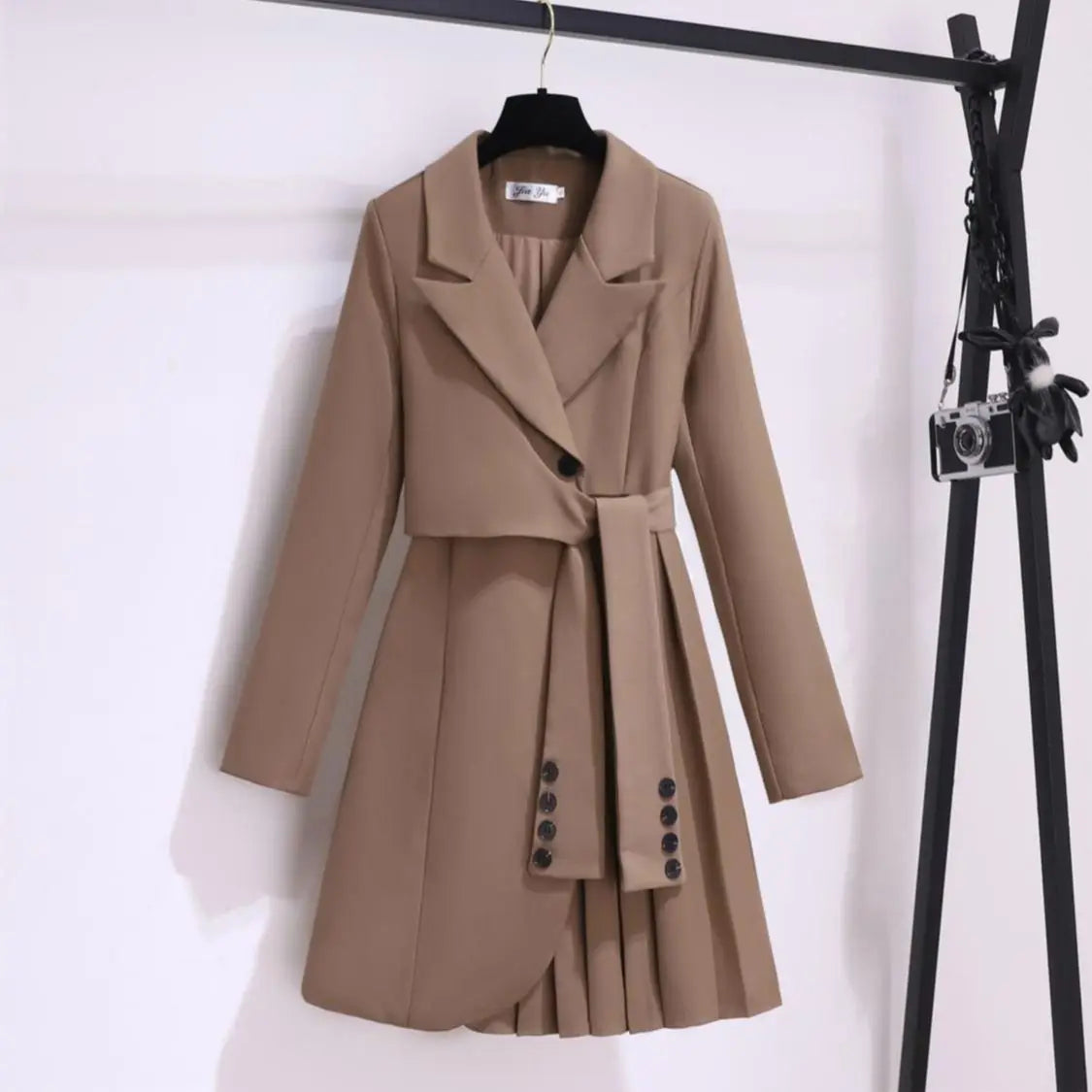 Mirae Women’s Long Coat – Tailored Belted Dress Pleated Skirt
