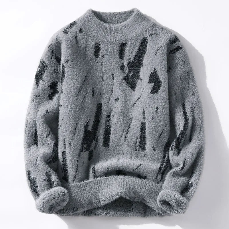 Julius Men’s Pullover Sweater – Fluffy Knit Abstract Pattern Jumper