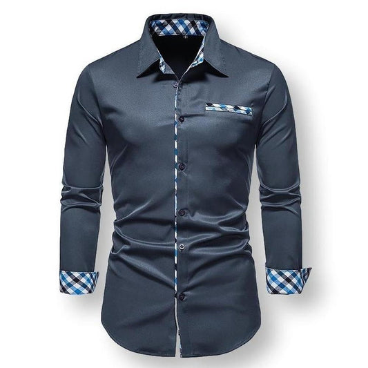 Tobias Men’s Long Sleeve Shirt – Slim Fit with Contrasting Plaid Accents