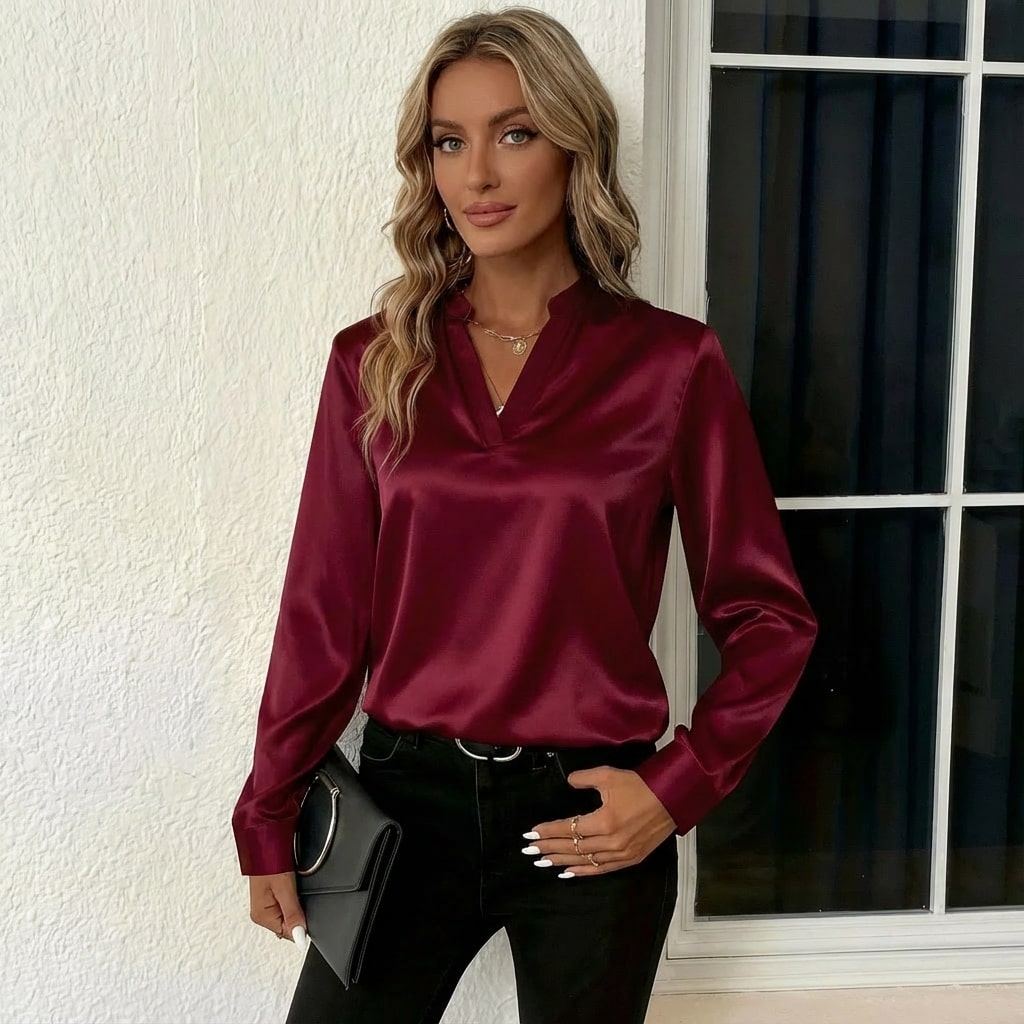 Cindy Women’s Blouse – Smooth Satin V-Neck Blouse