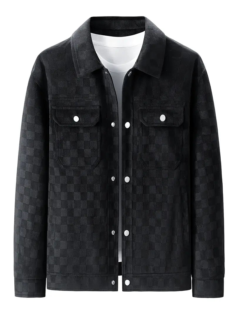Lorenzo Men’s Suede Jacket – Checkered Texture with Satin Lining