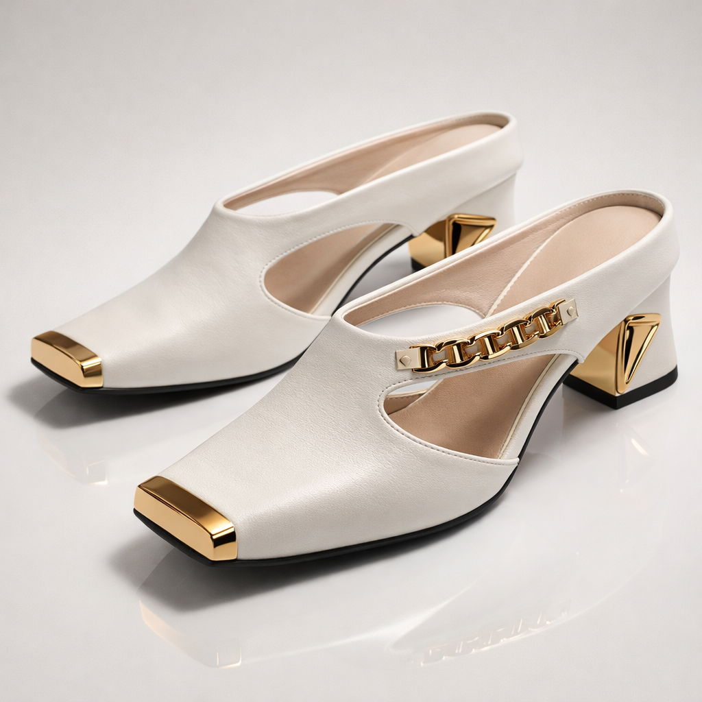 Eugene Women’s Mule Heels – Sculpted Gold Detail