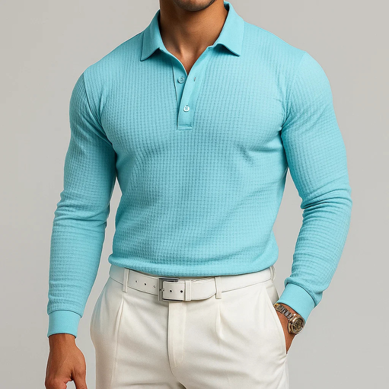 Emanuele Men’s Long-Sleeve Polo – Soft Waffle Knit Shirt