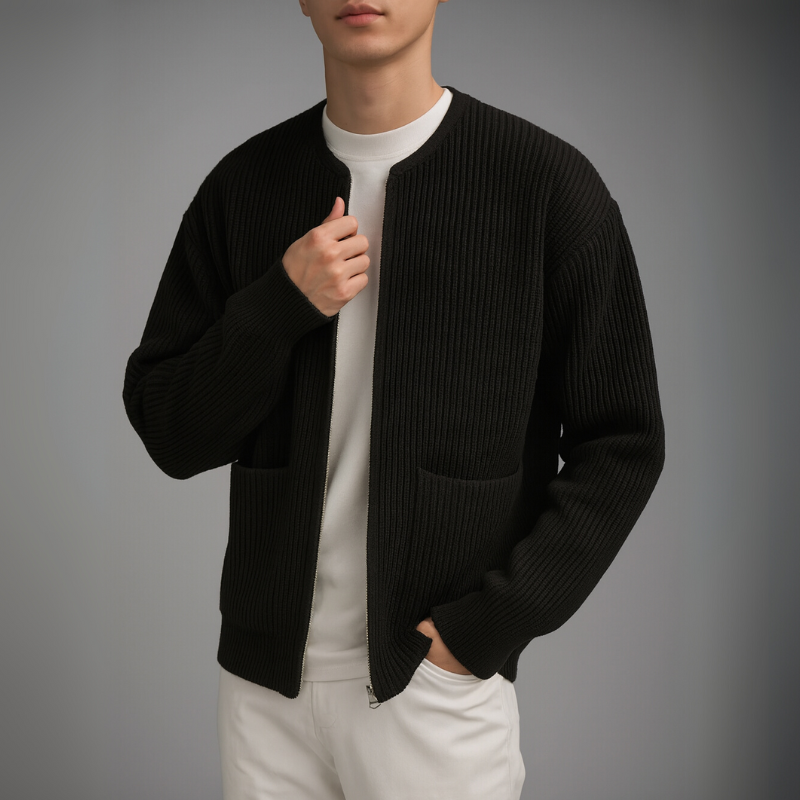 Brion Men’s Knit Zip Cardigan – Textured Knit Cardigan with Front Pockets