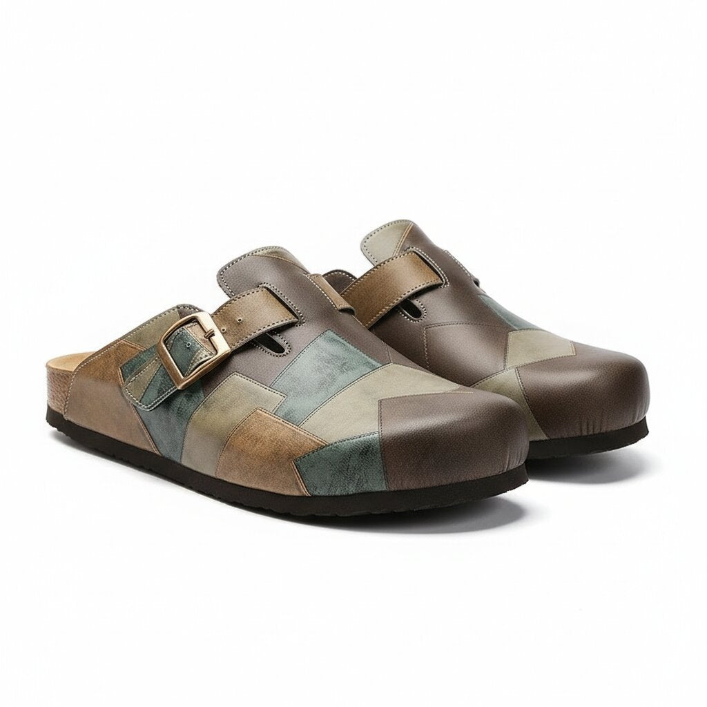 Gareth Genuine Leather Patchwork Buckled Clogs – Casual Slip-On Sandal