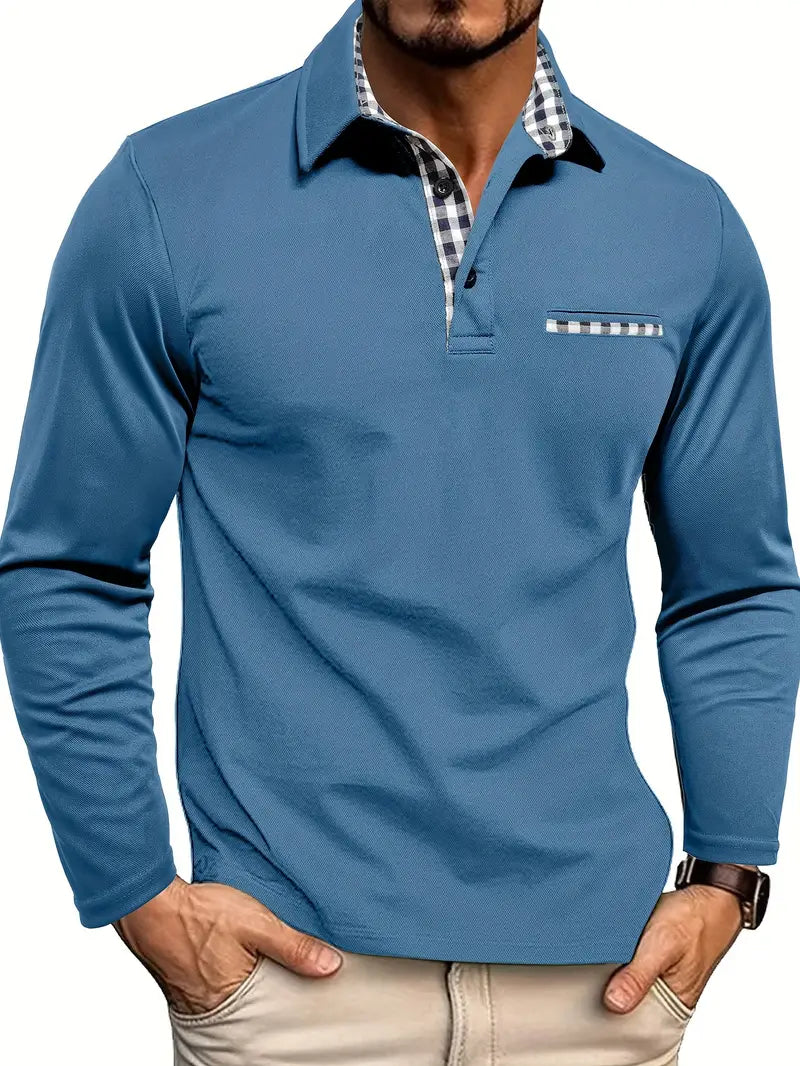 Ricardo Men’s Long Sleeve Polo – Slim Fit with Checked Accents