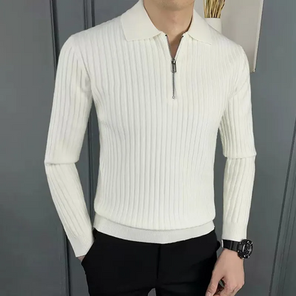 Isaac Men’s Polo Sweater – Fine Ribbed Knit with Quarter Zip Collar