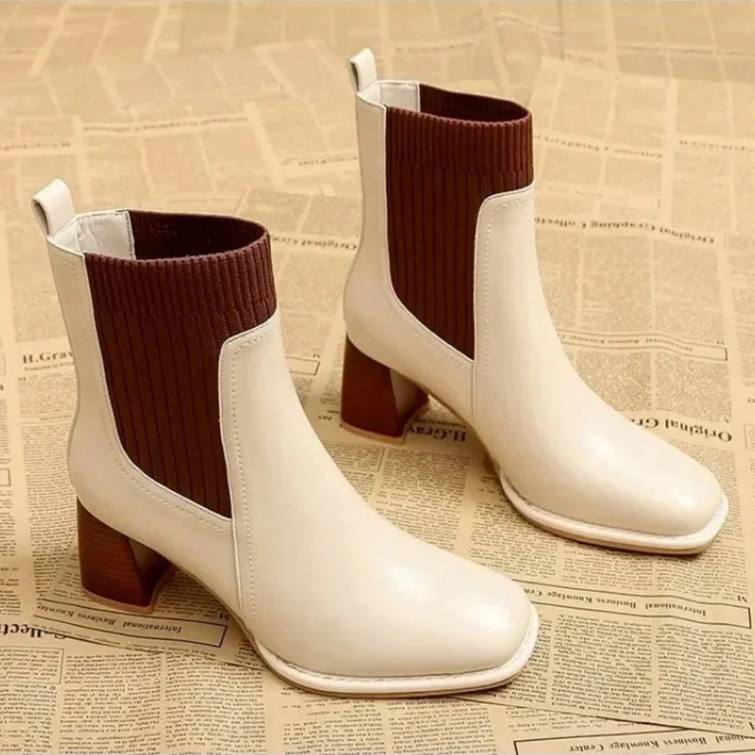 Corazon Women’s Ankle Boots – Leather Square-Toe Boots with Stretch Knit Shaft