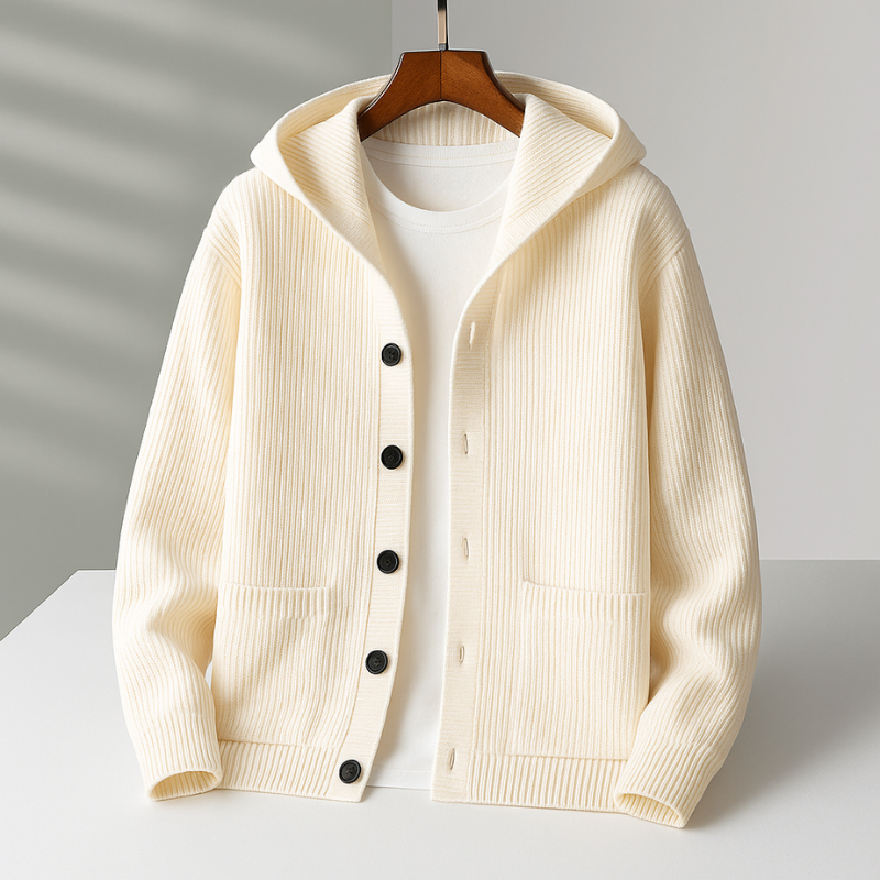 Renz Men’s Hooded Cardigan – Wool Blend Button-Up Knit Cardigan