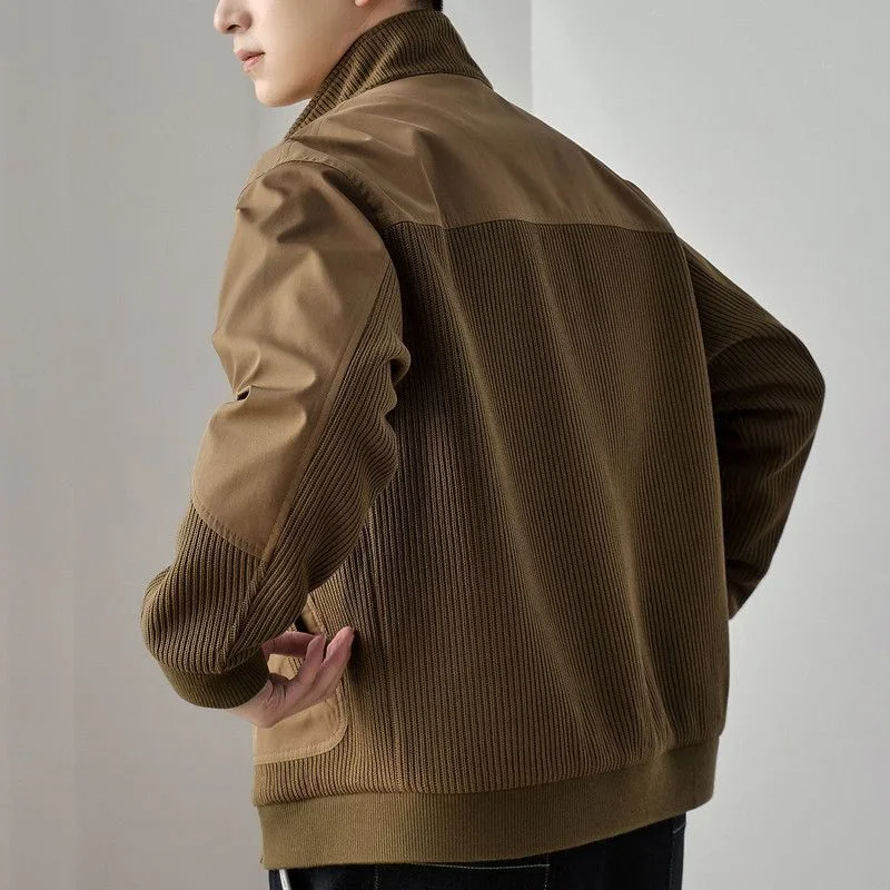 Harrington Stand Collar Men’s Jacket – Patchwork Corduroy Jacket