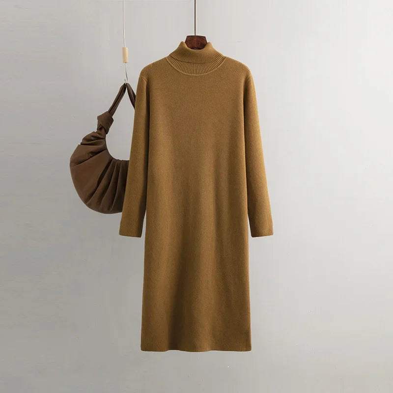 Elena Women's Turtleneck Sweater Dress – Premium Cotton-Blend Maxi Dress