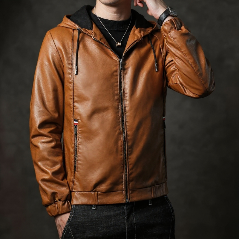 Rodrigo Men’s Leather Jacket – Hooded Zip-Up Casual Jacket