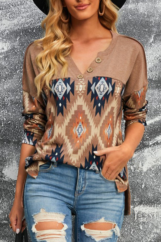 Stylish Brown V-Neck Western Top with Aztec Print