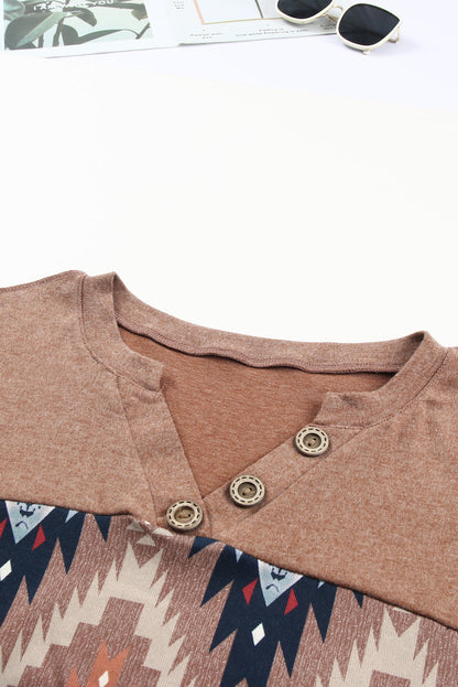 Stylish Brown V-Neck Western Top with Aztec Print