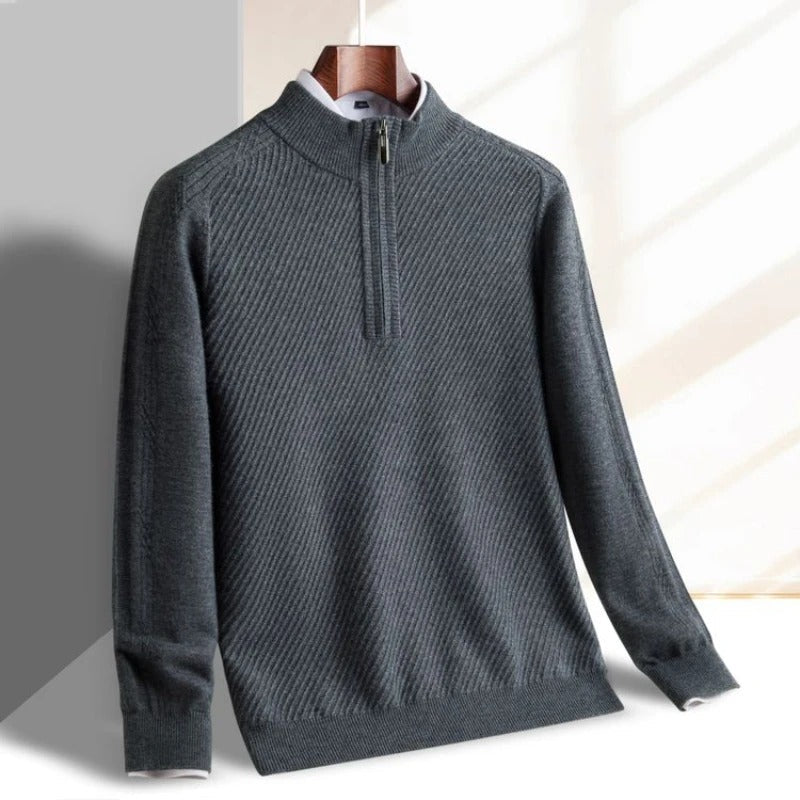 Everett Men’s Ribbed Half-Zip Sweater – Wool Blend with Tailored Fit